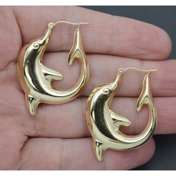 Real 10K Solid Yellow Gold 40.7mm Puffy Happy Dolphin Shape Hoop Earrings 4.1gr - Picture 1 of 6